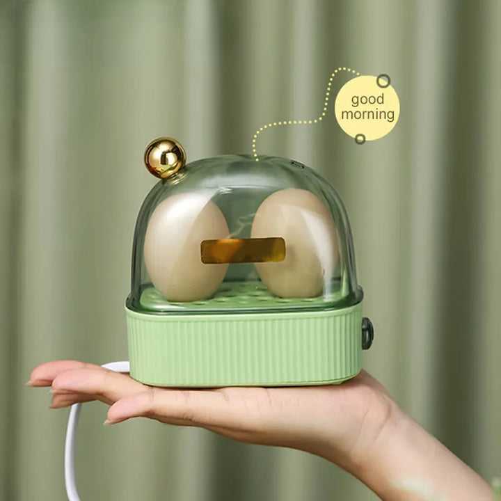 Grüner elektrischer Eierkocher 120W, 220V, für 2 Eier, automatische Abschaltung, kompakt.