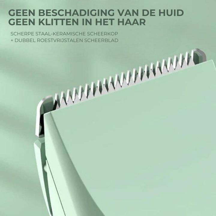 Grüner elektrischer Haarschneider mit Stahl-Keramik-Kopf und Edelstahlklinge, hautschonend.
