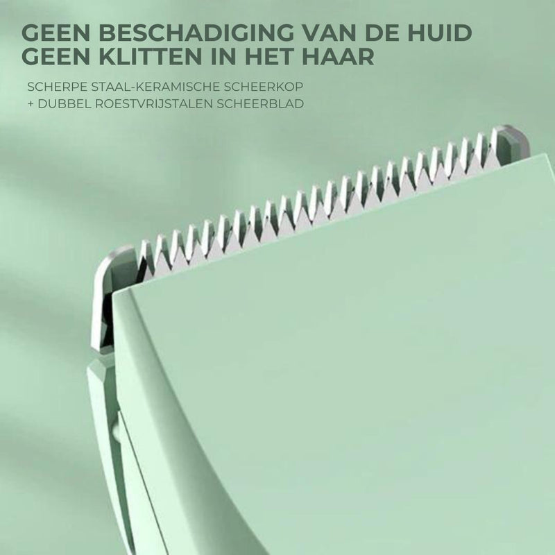 Grüner elektrischer Haarschneider mit Stahl-Keramik-Kopf und Edelstahlklinge, hautschonend.