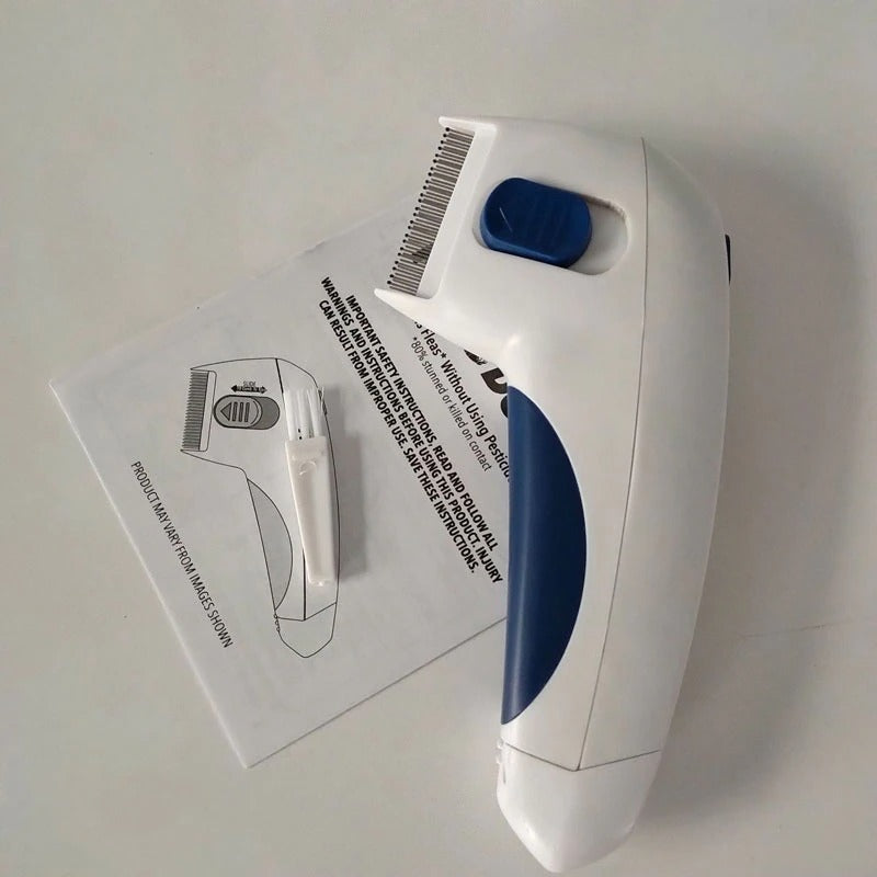 Elektrischer Haarschneider weiß-blau, kabellos, mit Anleitung und Reinigungsbürste.