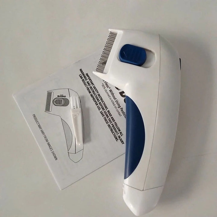 Elektrischer Haarschneider weiß-blau, kabellos, mit Anleitung und Reinigungsbürste.