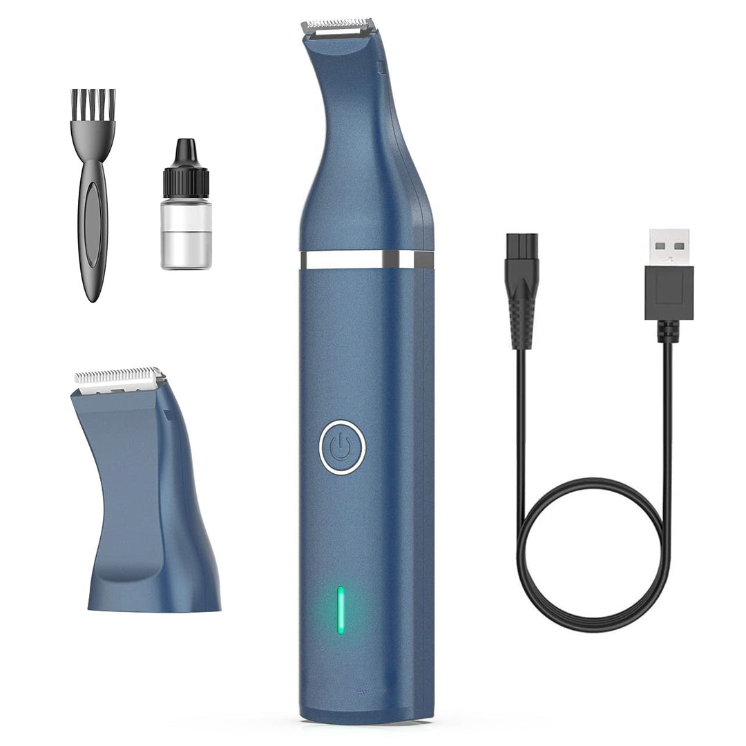 Blauer elektrischer Trimmer mit USB-Kabel, Aufsatz, Reinigungsbürste und Ölflasche.