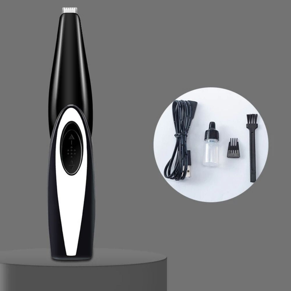 Schwarzer elektrischer Barttrimmer mit Zubehör, USB-Kabel, Ölflasche, Reinigungsbürste.
