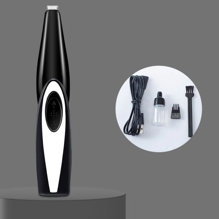 Schwarzer elektrischer Barttrimmer mit Zubehör, USB-Kabel, Ölflasche, Reinigungsbürste.