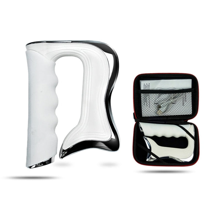 Weißer Handgrifftrainer mit schwarzem Akzent, ergonomisch, inkl. Tragetasche.