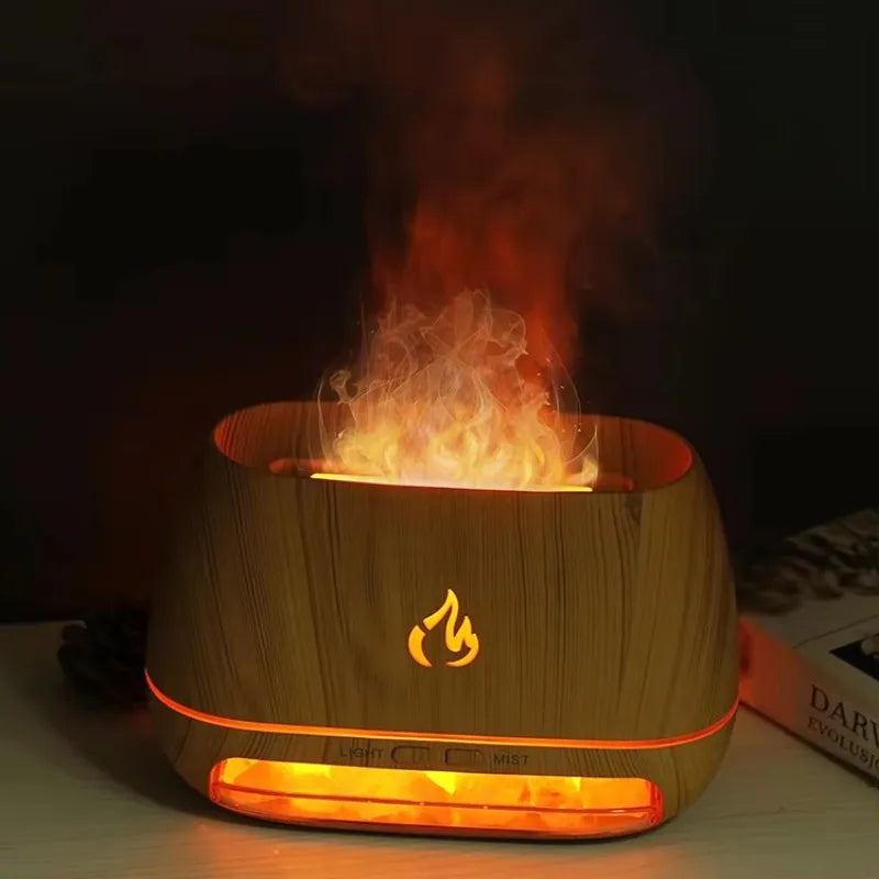 Holzoptik Aroma Diffuser mit LED-Flammen, Luftbefeuchter, stimmungsvolles Licht, modern.