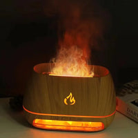 Holzoptik Aroma Diffuser mit LED-Flammen, Luftbefeuchter, stimmungsvolles Licht, modern.