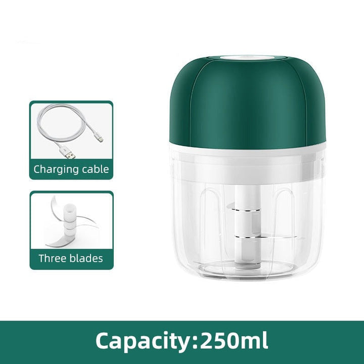 Elektrischer Zerkleinerer 250ml, grün, USB-Ladekabel, drei Klingen, Küchenhelfer.