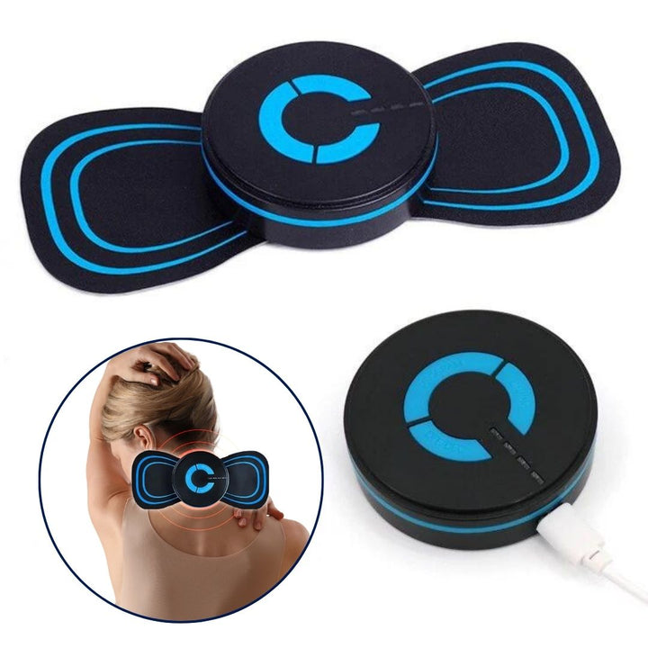 Elektronisches Massagegerät, schwarz-blau, für Nackenentspannung und Schmerzlinderung.