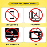 Vier Symbole mit durchgestrichenen Elektronikgeräten: Handy, Tablet, Computer, Fernseher.