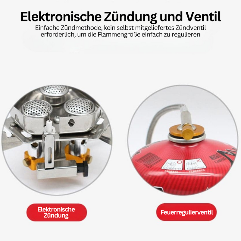 Elektronische Zündung und Feuerregulierventil für Campingkocher, silber und rot.
