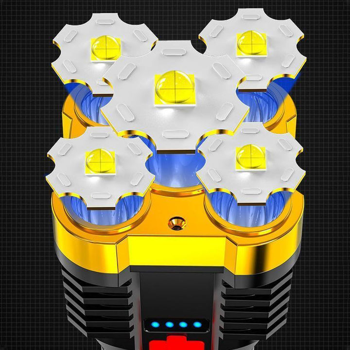 Elektrischer Rasierer mit fünf rotierenden Köpfen, goldfarben, LED-Anzeige, ergonomisches Design.