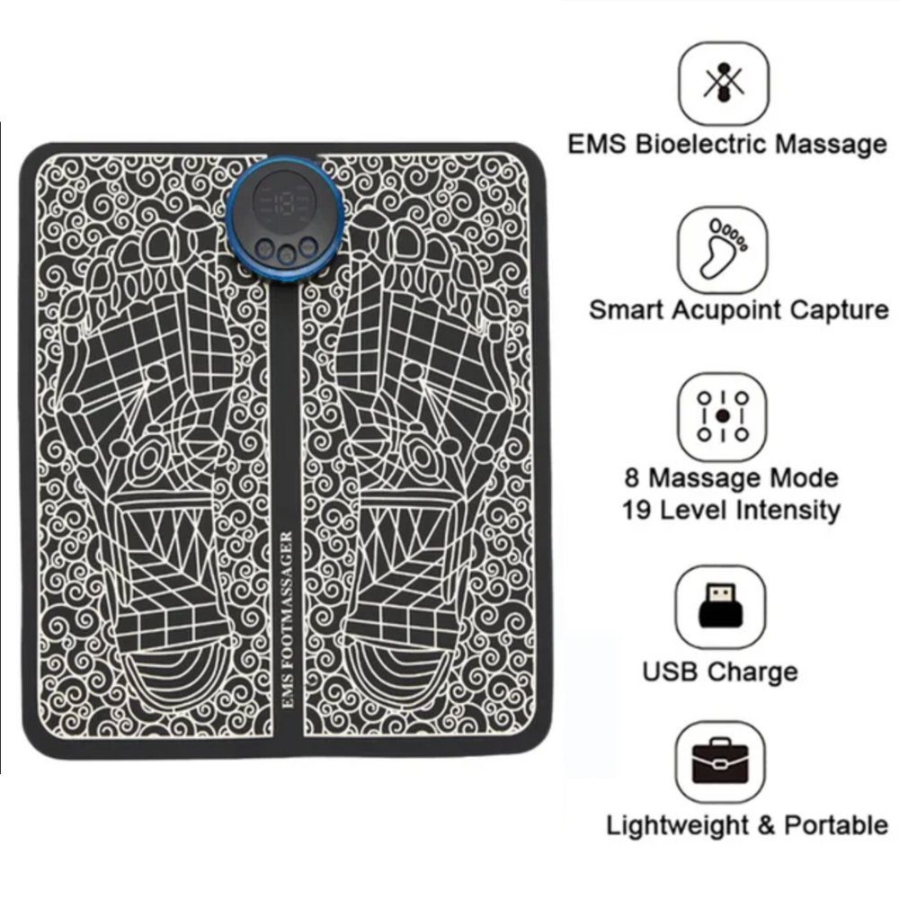 EMS Fußmassagegerät, bioelektrisch, tragbar, USB-ladbar, 8 Modi, 19 Intensitätsstufen, schwarz.