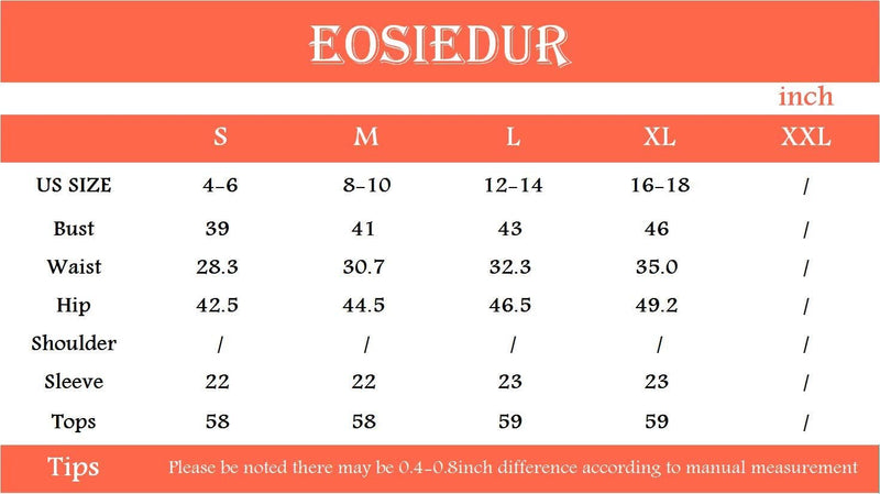 Größentabelle für Damenoberteile, EOSIEDUR, US-Größen S-XXL, Maße in Zoll.