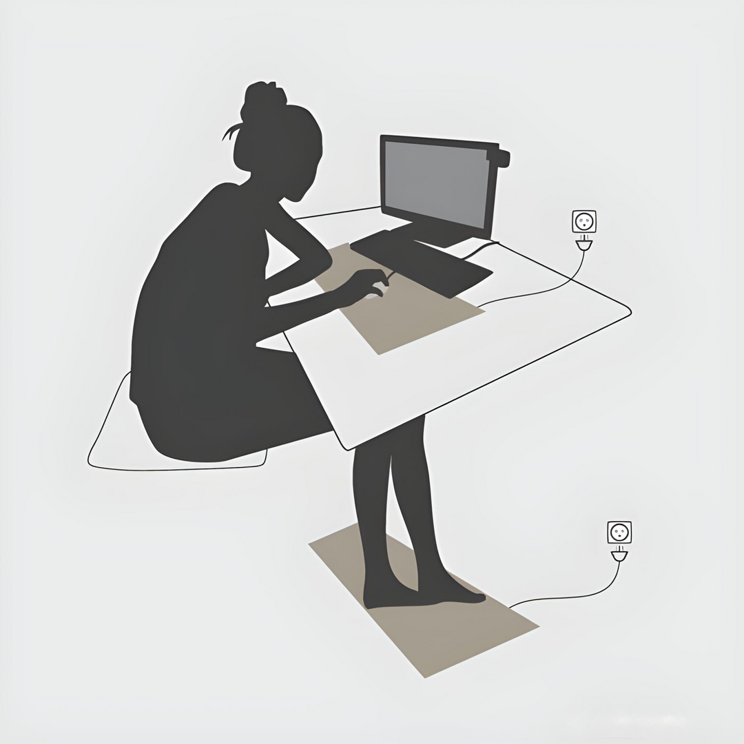 Sitzende Person am Schreibtisch mit Erdungsmatte, Computer, Steckdose, ergonomische Arbeitsplatzgestaltung.