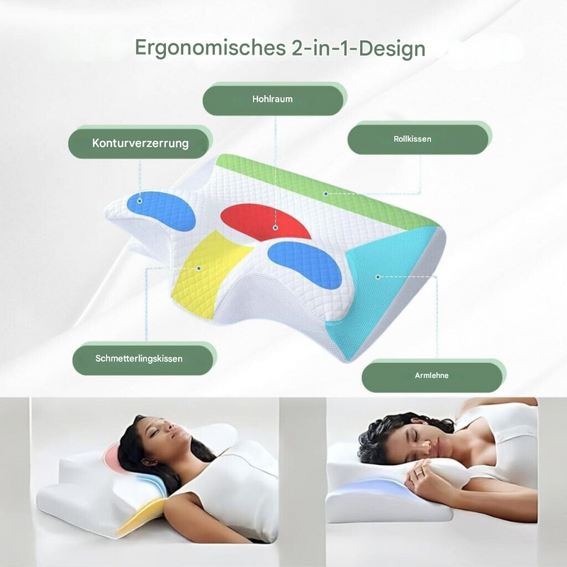 Ergonomisches 2-in-1-Kissen, Memory-Schaum, Nackenstütze, Schlafkomfort, weiß-bunt
