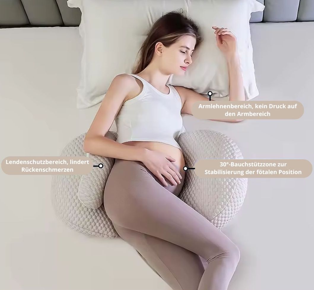 Schwangerschaftskissen ergonomisch, beige, stützt Bauch und Rücken, lindert Rückenschmerzen.