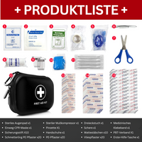 Erste-Hilfe-Set mit Pflastern, Verbänden, Schere, Pinzette, CPR-Maske, Augenkissen, Tasche.