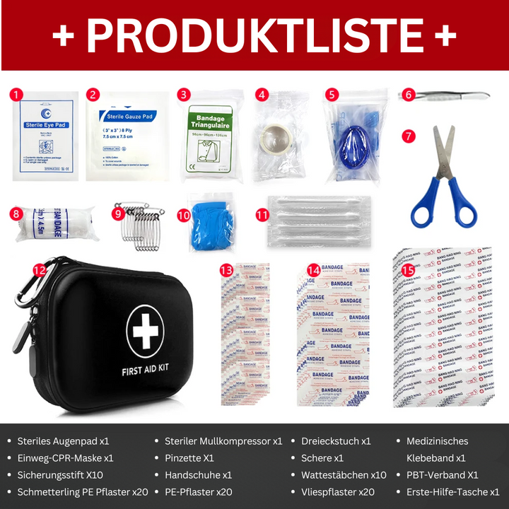 Erste-Hilfe-Set mit Pflastern, Verbänden, Schere, Pinzette, CPR-Maske, Augenkissen, Tasche.