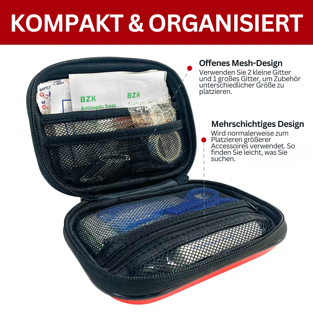 Kompakte Erste-Hilfe-Tasche mit Netzfächern, schwarz, für Notfallausrüstung, organisiert.