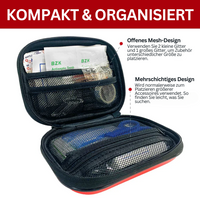 Kompakte Erste-Hilfe-Tasche mit Netzfächern, schwarz, für Notfallausrüstung, organisiert.