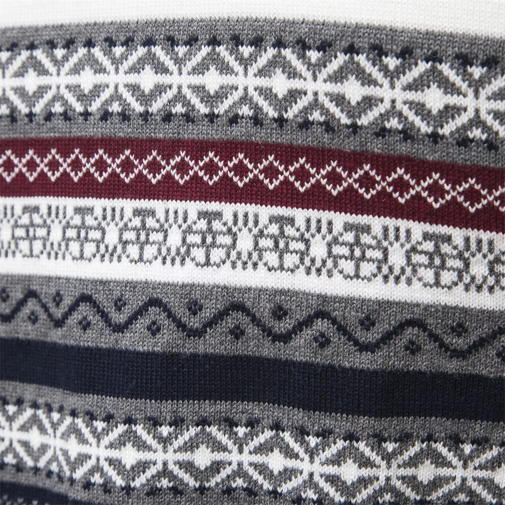 Ethno-Muster Herrenpullover aus Baumwolle, grau-weiß-rot, Reißverschluss, lässig.