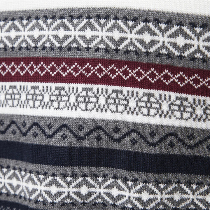 Ethno-Muster Herrenpullover aus Baumwolle, grau-weiß-rot, Reißverschluss, lässig.