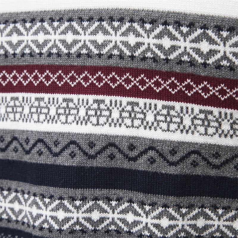 Ethno-Muster Herrenpullover aus Baumwolle, grau-weiß-rot, Reißverschluss, lässig.