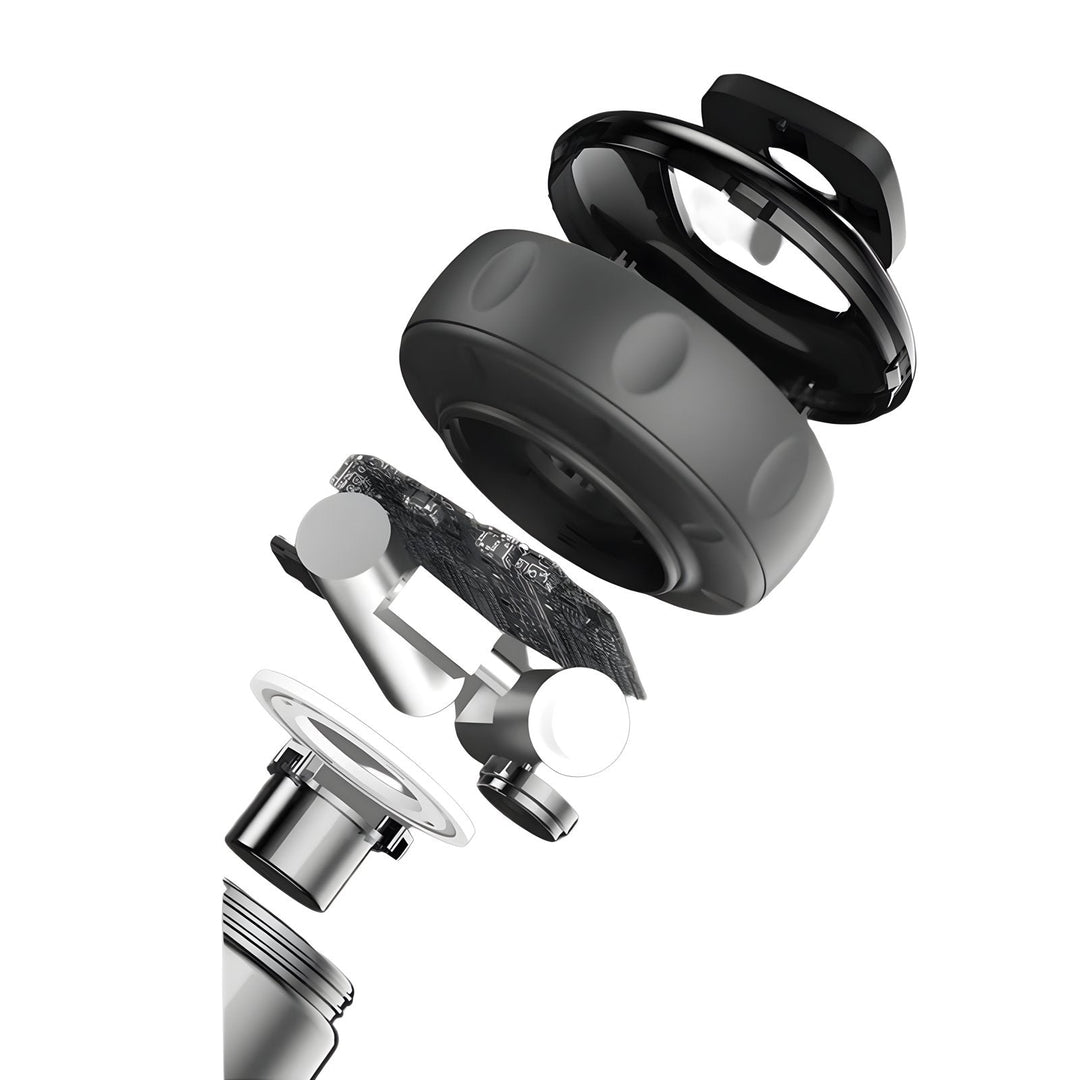 Explodierte Ansicht eines schwarzen Duschkopfs mit Filter, modernem Design, Wasserersparnis.