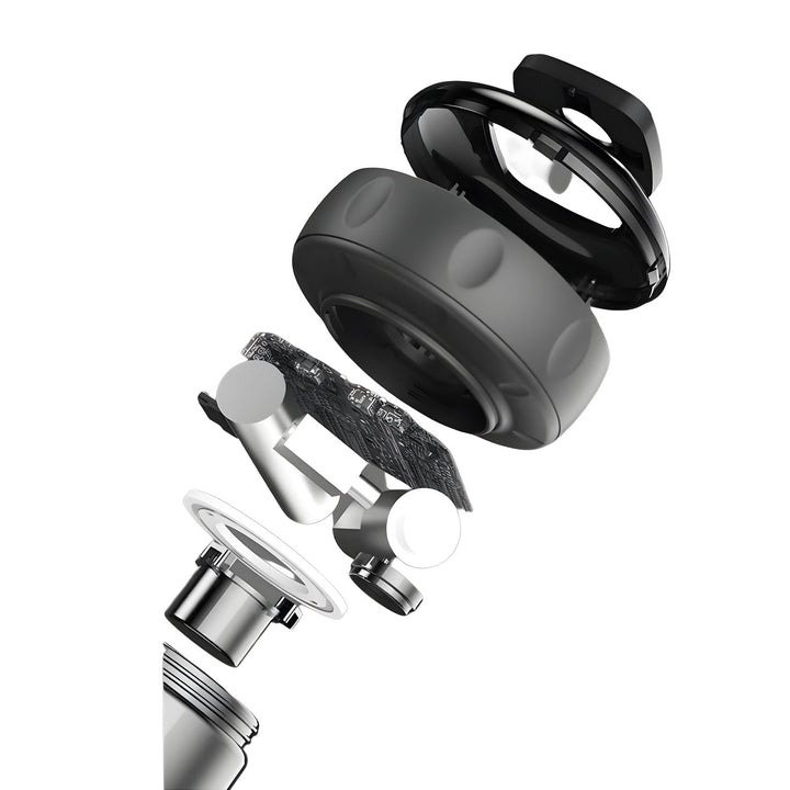 Explodierte Ansicht eines schwarzen Duschkopfs mit Filter, modernem Design, Wasserersparnis.