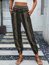 Boho High-Waist Damenhose mit Print & gesmoktem Bund – Linara