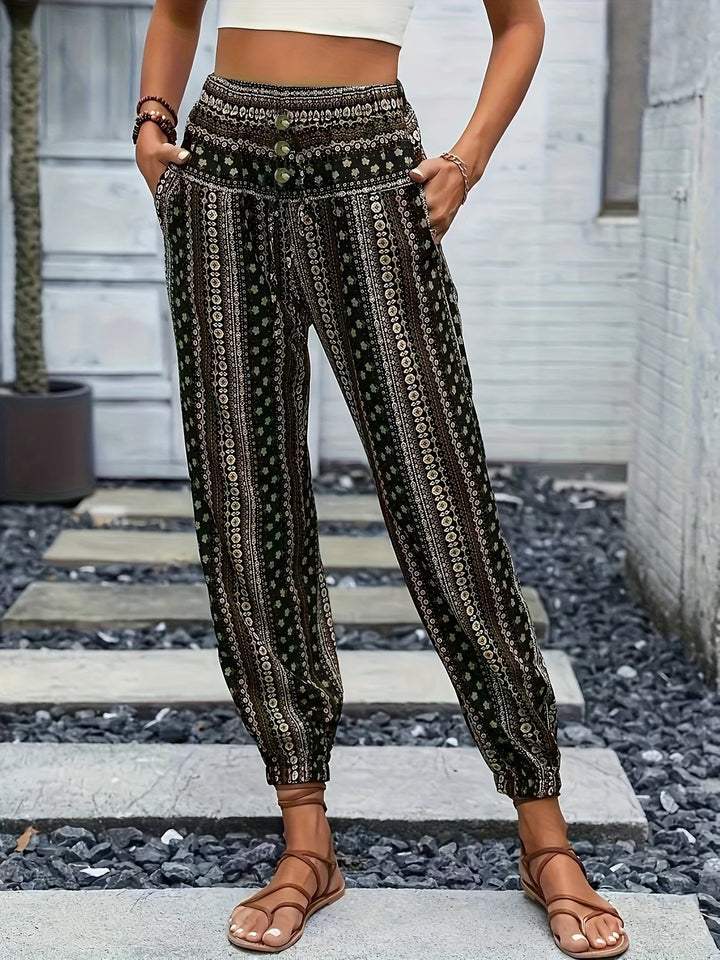 Boho High-Waist Damenhose mit Print & gesmoktem Bund – Linara