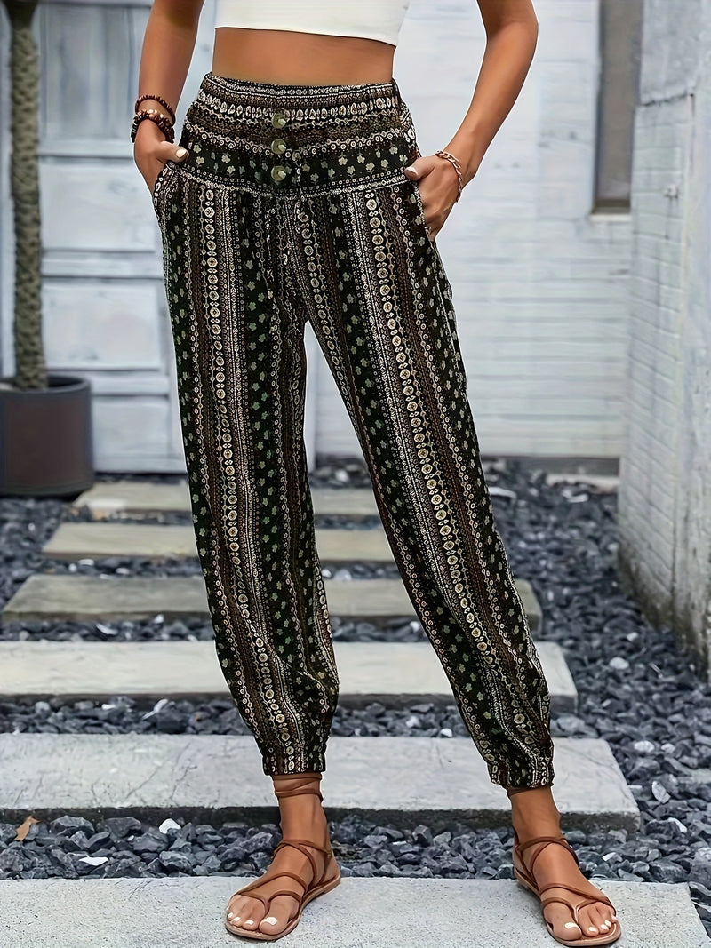 Boho High-Waist Damenhose mit Print & gesmoktem Bund – Linara