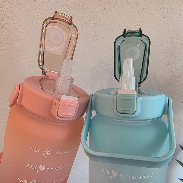 Zwei Trinkflaschen aus Kunststoff, rosa und blau, mit Klappdeckel und Trinkhalm.