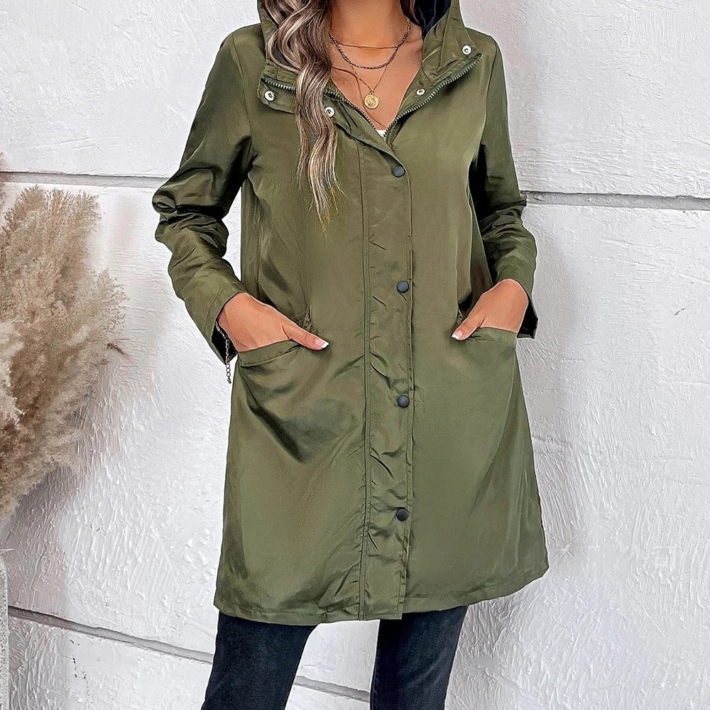 Damen Herbstmantel lang mit hohem Kragen & Knopf-Riegel – Leandra