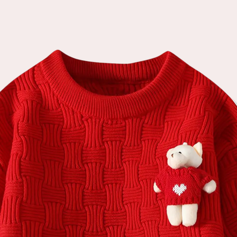 Roter Strickpullover mit Bärenapplikation, Herzmotiv, Kinderkleidung, Baumwolle.
