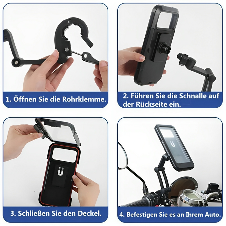 Smartphone-Halterung fürs Auto, schwarz, einfache Montage, stabile Befestigung, universell einsetzbar.