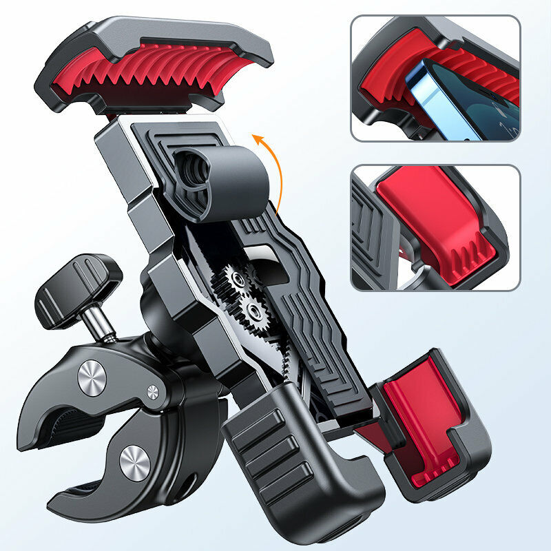 Schwarzer Fahrrad-Handyhalter aus Kunststoff mit rotem Silikon, verstellbar, rutschfest.