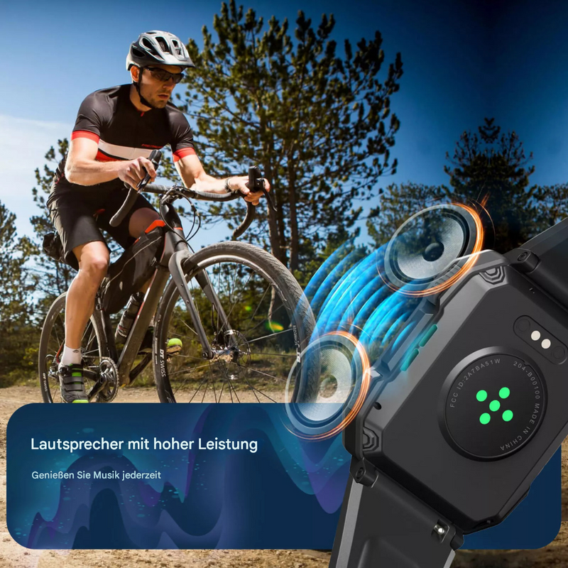 Mann auf Fahrrad mit Smartwatch, Lautsprecher, Outdoor, Musik hören, Sport, Technologie.