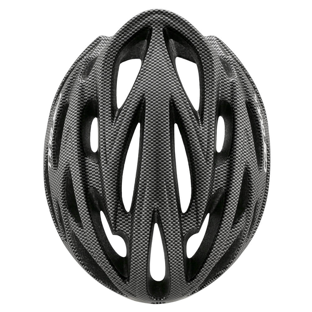 Schwarzer Fahrradhelm aus Carbonfaser, aerodynamisch, leicht, für Radsport und Sicherheit.