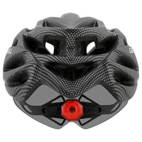 Schwarzer Fahrradhelm mit rotem Rücklicht, Belüftungslöchern, Carbon-Optik, Sicherheit.