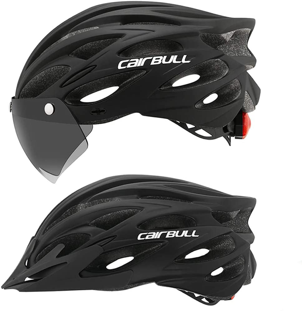 Schwarzer Fahrradhelm mit Visier, aerodynamisches Design, Cairbull, sicherer Radsporthelm.