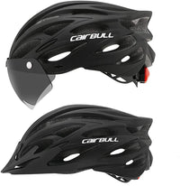Schwarzer Fahrradhelm mit Visier, aerodynamisches Design, Cairbull, sicherer Radsporthelm.