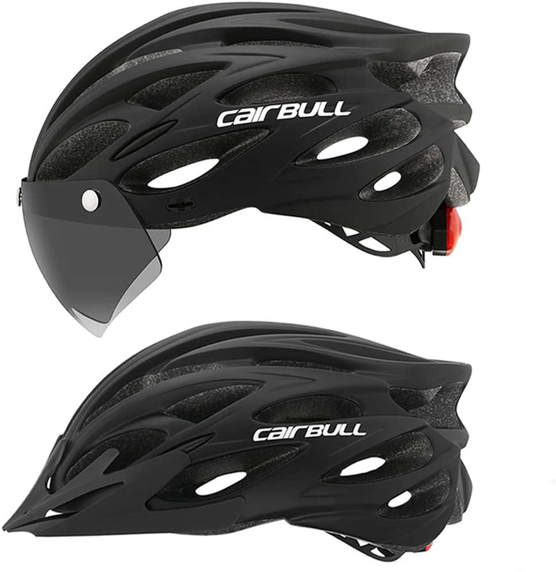 Schwarzer Fahrradhelm mit Visier, aerodynamisches Design, Cairbull, sicherer Radsporthelm.