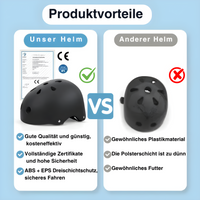 Schwarzer Fahrradhelm mit Zertifikat, ABS+EPS, hohe Sicherheit, Vergleich mit Standardhelm.