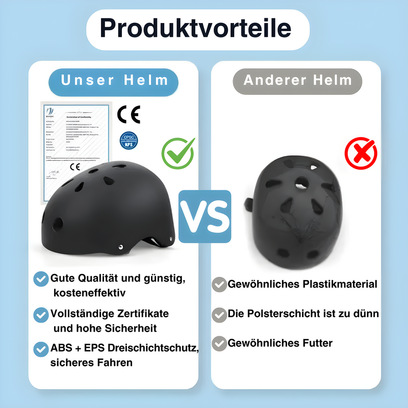 Schwarzer Fahrradhelm mit Zertifikat, ABS+EPS, hohe Sicherheit, Vergleich mit Standardhelm.