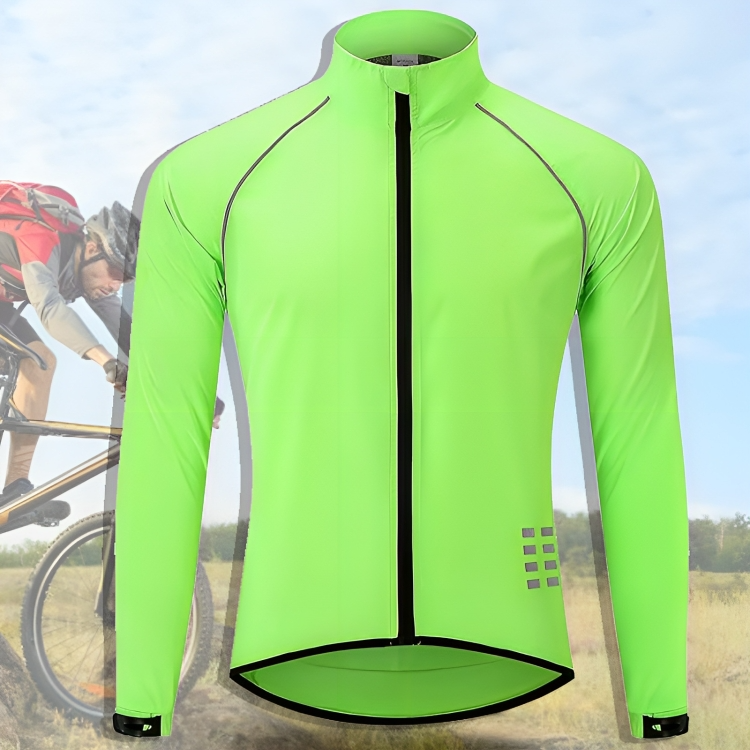Neongrüne Fahrradjacke, winddicht, mit Reißverschluss, ideal für Radsport und Outdoor-Aktivitäten.