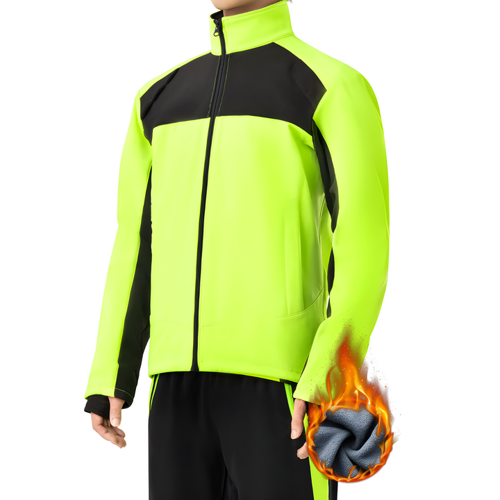 Neongelbe Fahrradjacke mit schwarzem Akzent, winddicht, reflektierend, für Herren.