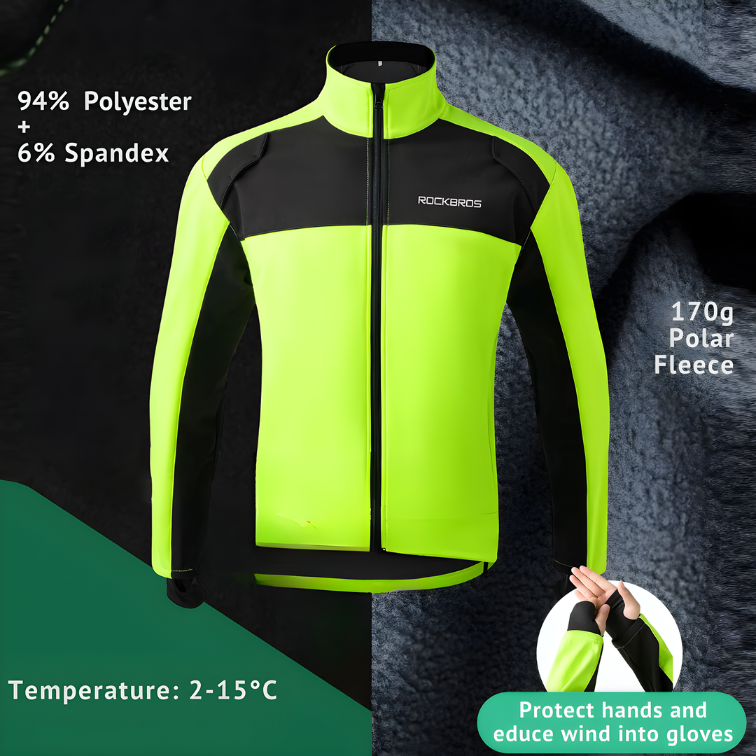 Neongelbe Fahrradjacke aus Polyester und Spandex, winddicht, für Temperaturen von 2-15°C.