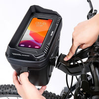 Schwarze wasserdichte Fahrradlenkertasche mit Handyhalterung, Touchscreen-kompatibel.